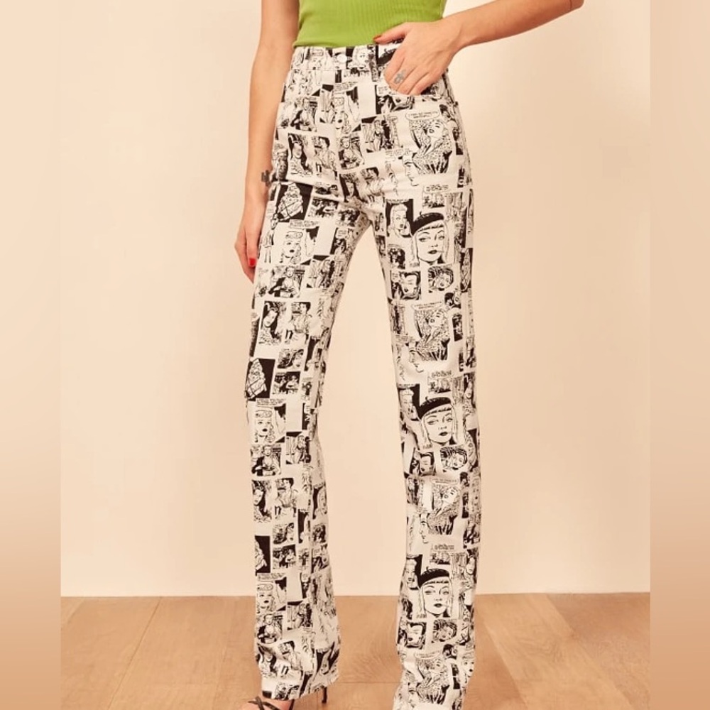 Reformation Black and White Comic Newsprint Straight Leg Jeans